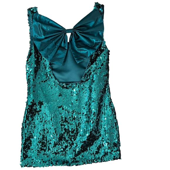 Vintage 70s 80s Emerald Green Sequin Open Back Bow Mini Dress size M de la Hooke - Picture 9 of 9